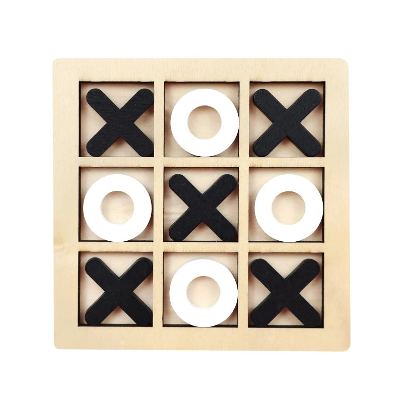 Wooden tic-tac-toe game with black 'X' and white 'O' pieces on a beige background