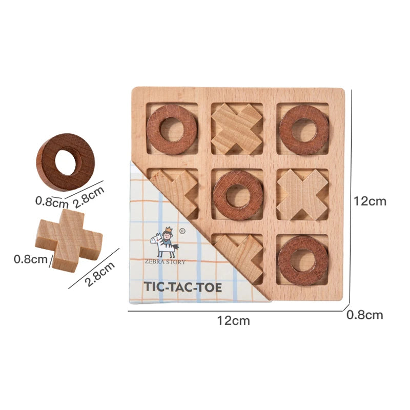 Wooden tic-tac-toe game set with dimensions on a white background