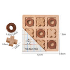 Wooden tic-tac-toe game set with dimensions on a white background