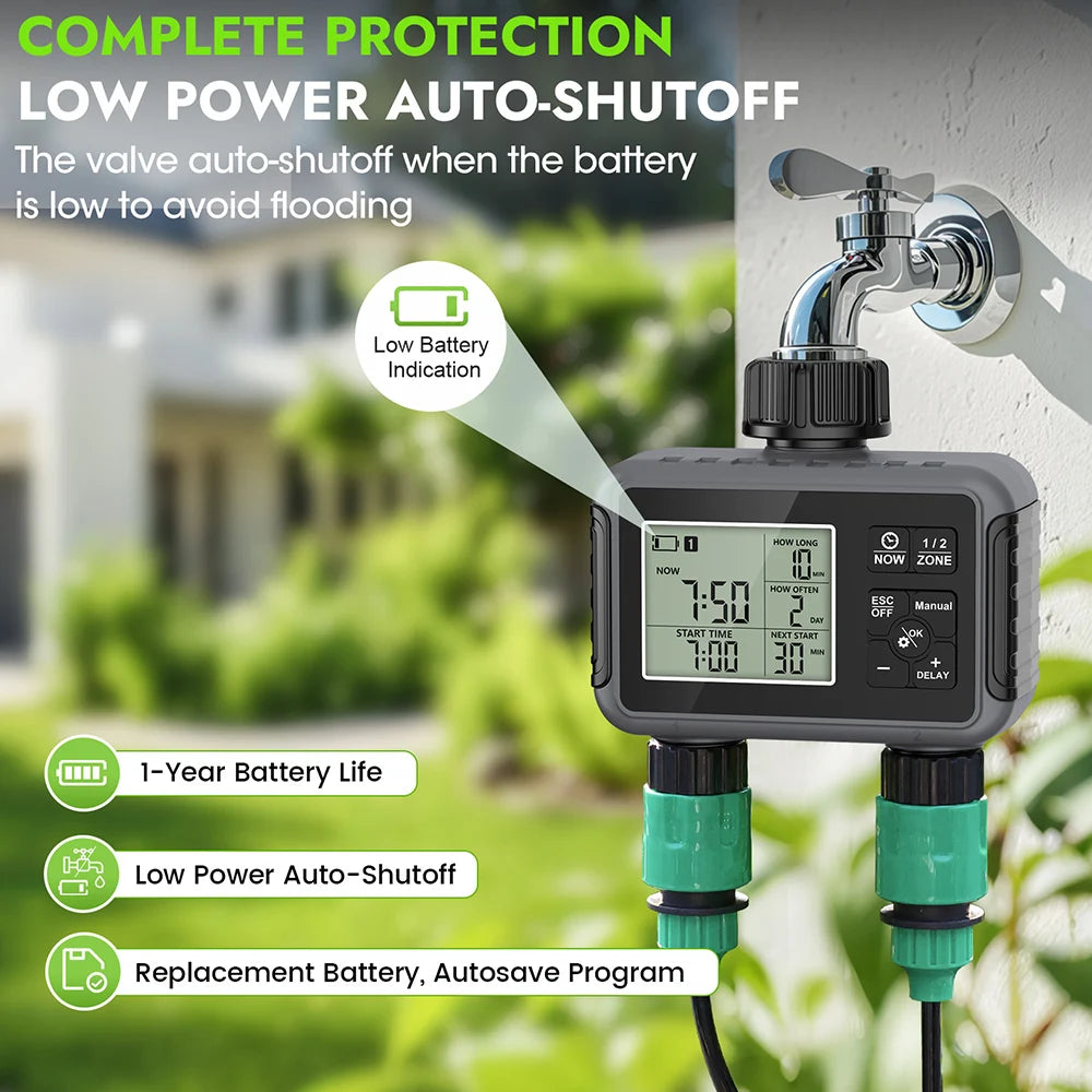 Digital irrigation timer with outdoor garden background