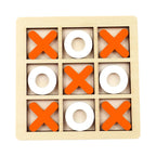 Wooden tic-tac-toe game with orange 'X' and white 'O' pieces on a beige background