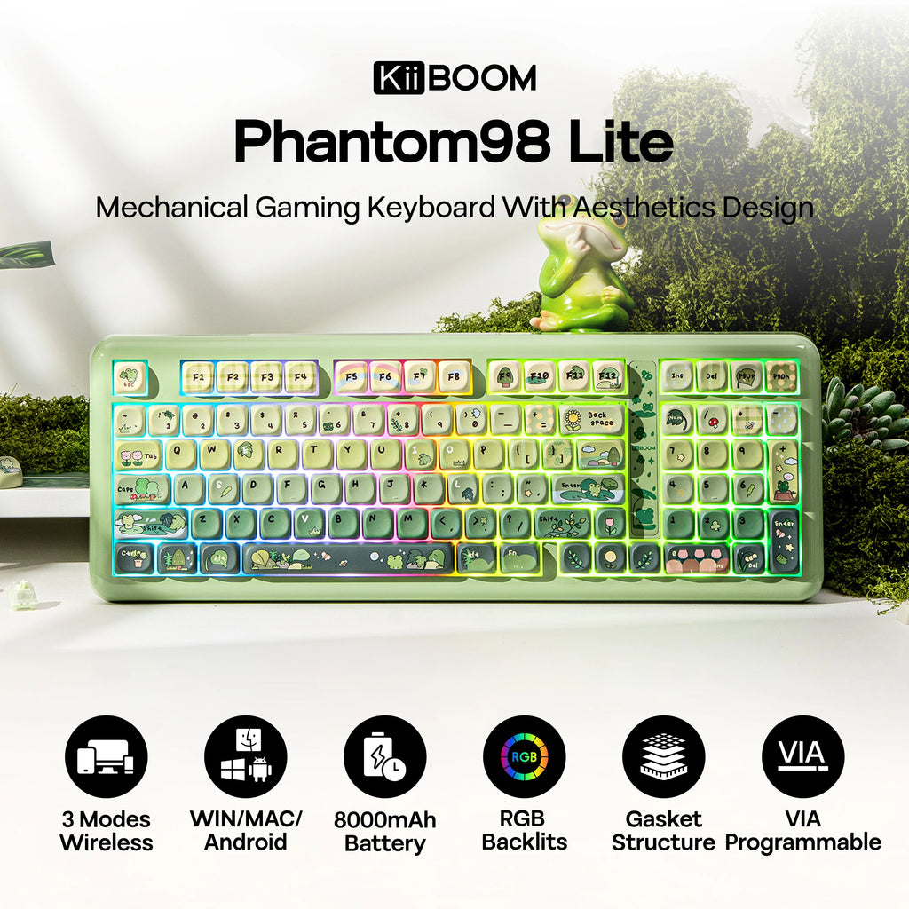 Green mechanical gaming keyboard with 'KiBOOM' branding on a blurred outdoor background