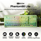 Green mechanical gaming keyboard with 'KiBOOM' branding on a blurred outdoor background