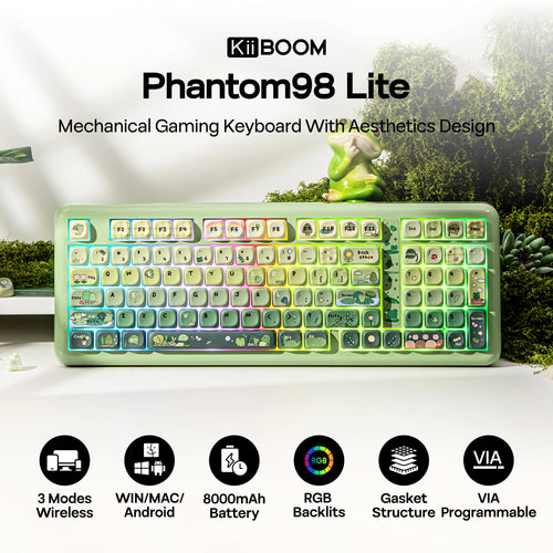 Green mechanical gaming keyboard with 'KiBOOM' branding on a blurred outdoor background