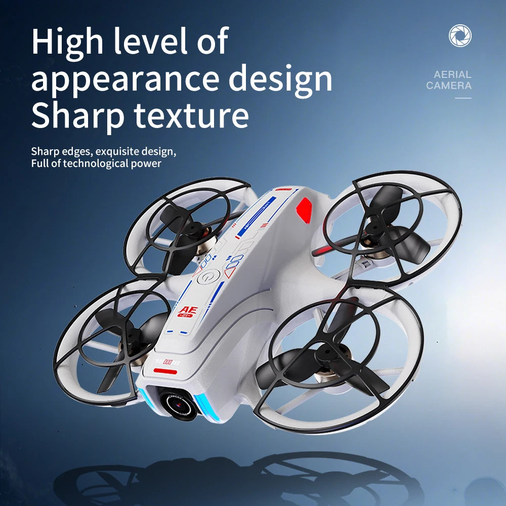 White drone with black propellers on a blue gradient background