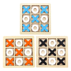 Three wooden tic-tac-toe boards with colored markers on a white background