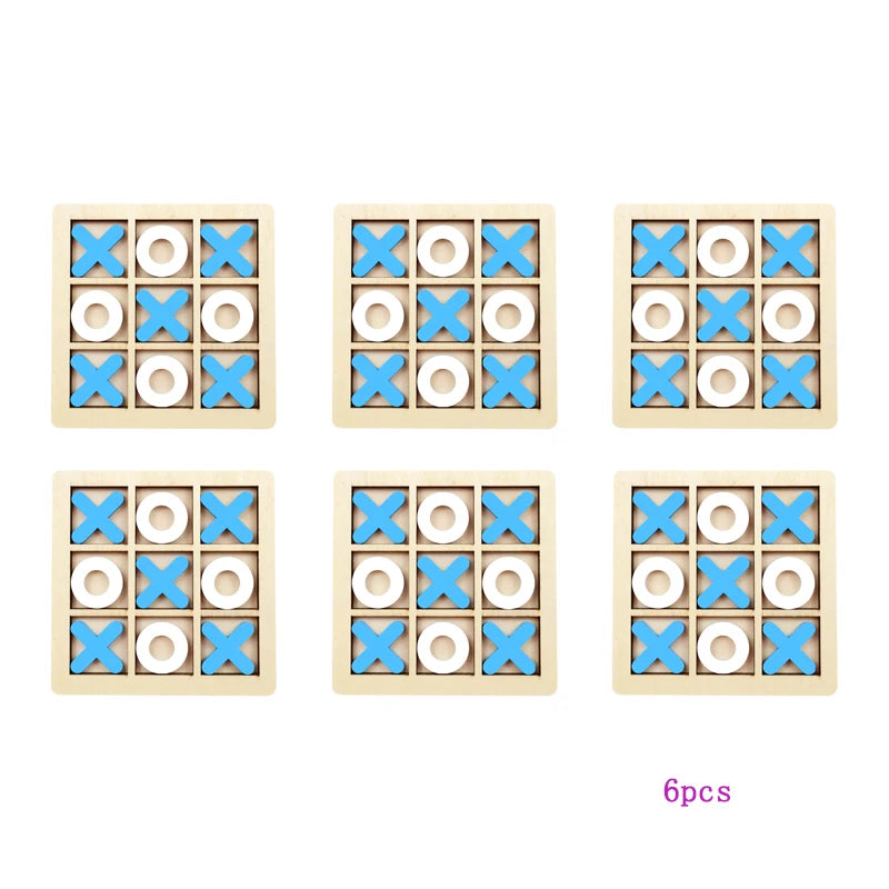 Set of six wooden tic-tac-toe boards with blue and white markers on a white background.