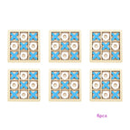 Set of six wooden tic-tac-toe boards with blue and white markers on a white background.