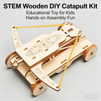 Wooden DIY catapult kit with text on a gray background
