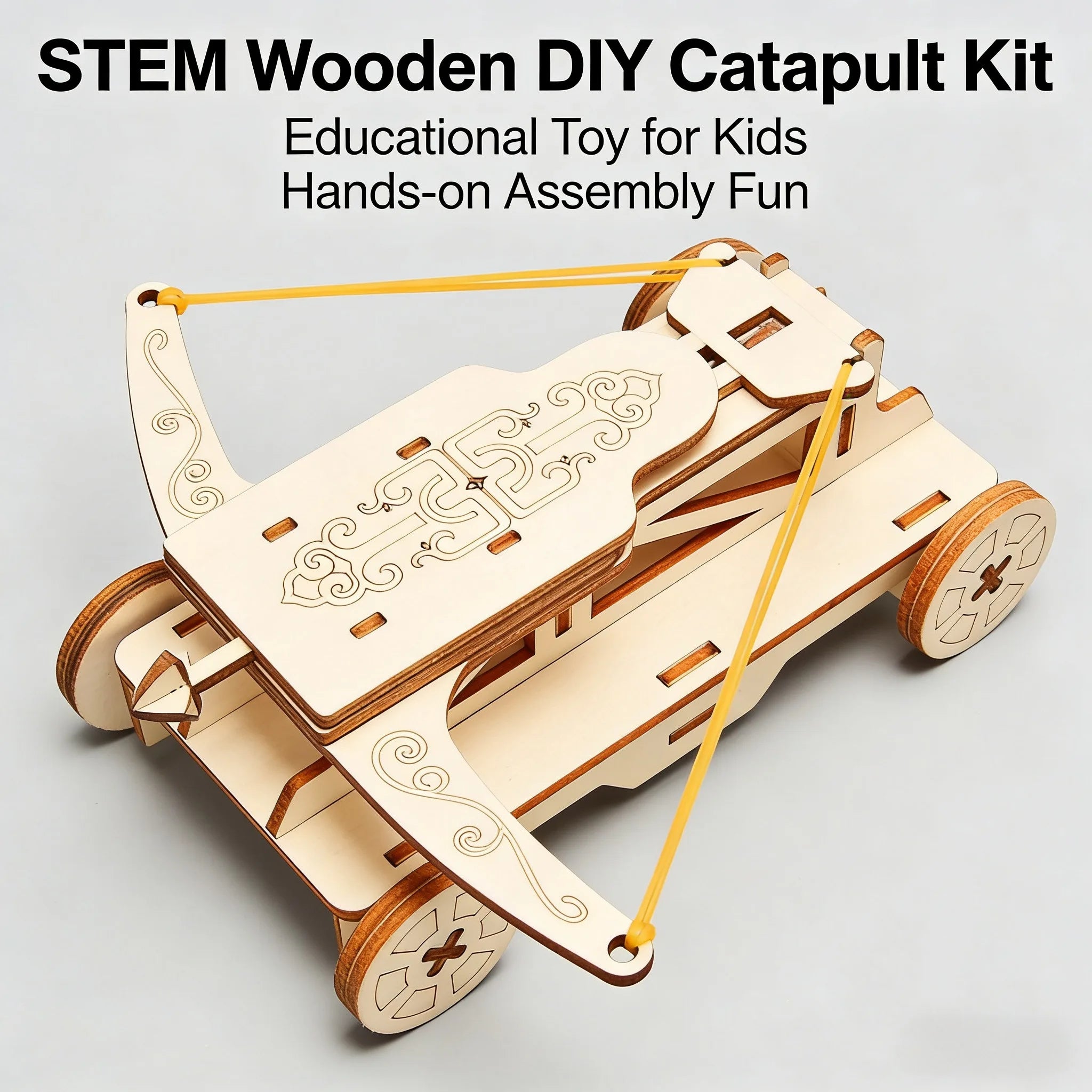 Wooden DIY catapult kit with text on a gray background