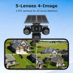 Solar-powered 5-lens PTZ security camera shown above a smartphone screen displaying four live feeds. The product has dual solar panels on top and four camera lenses arranged around a central hub.