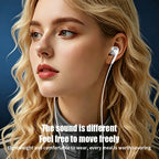 Woman wearing earphones with a blue background and promotional text.