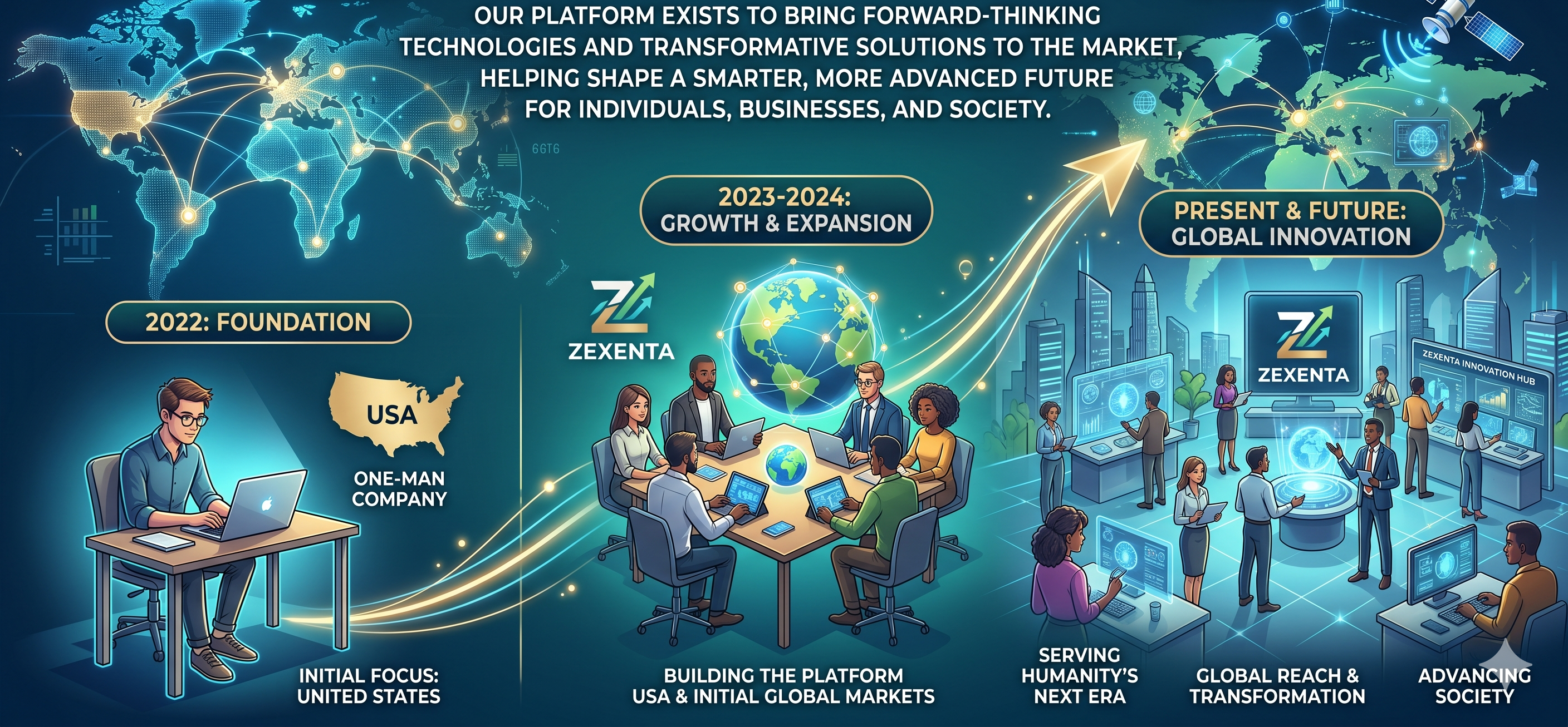Zexenta History | Diagram of Zentexa's platform evolution from 2022 to 2024, showing growth and expansion.