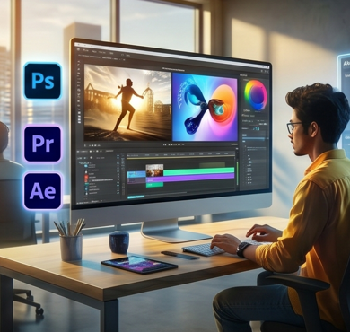 Premire pro, Photoshop, Illustrate and any creative design. We offer graphic design , video editing , digital marketing and many more. 